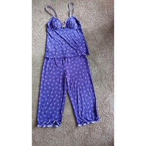 Jenni Women's 2-Piece Pajama Set Size Medium Purple Green Heart Print Tank Capri